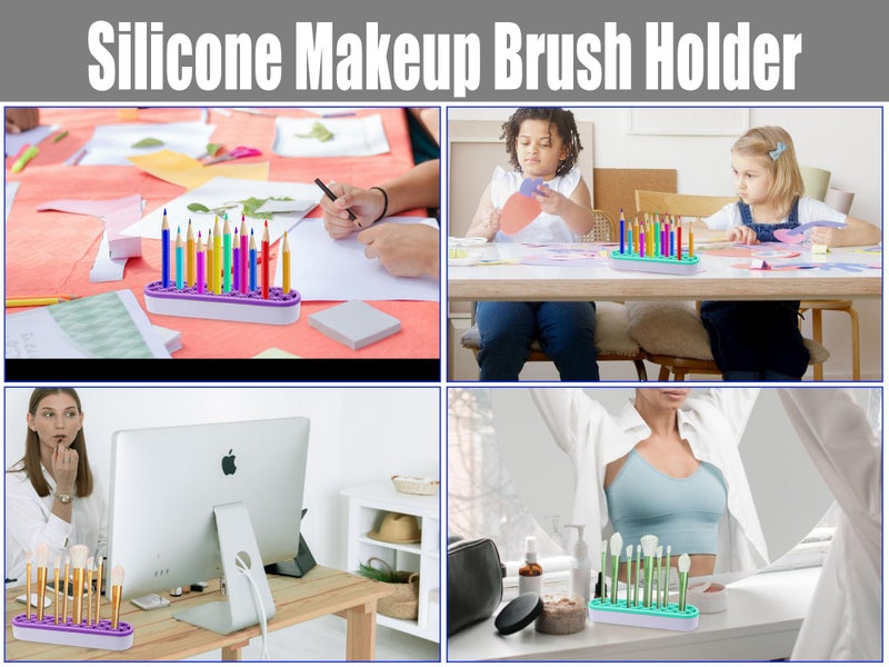 GDFYMI Silicone Makeup Brush Holder, 2Pcs Stand Pen Brush Organizers Drying Rack Travel Storage Box Multi-Purpose Desktop Organizer for Painting Eyeliners Makeup Brushes Pens - Green Purple - Image 5